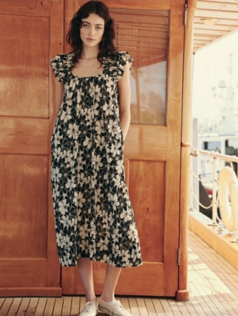 The GREAT. Cascase cotton dress in black and cream floral, large boho feminine